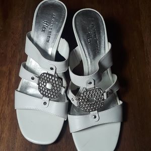 Anne Klein white heeled sandals, silver buckle